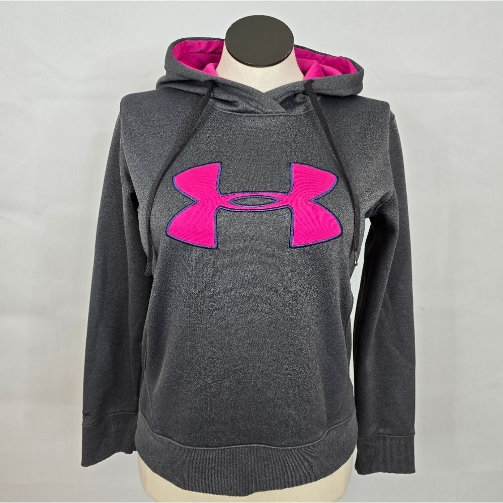 Under Armour ColdGear Hoodie Gray Pink Logo Semi-Fitted Pullover Sz M